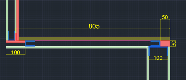 { in azzurro le guide per il cartongesso; in rosso i profilati in ferro; in celeste il cartongesso; in marroncino il tavolame }