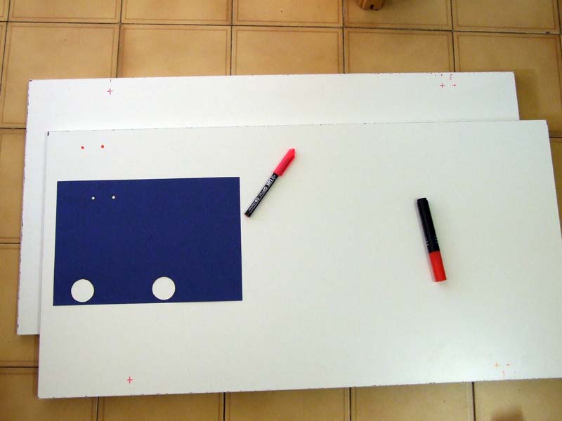 Preparing the template for the hinge and handle holes
