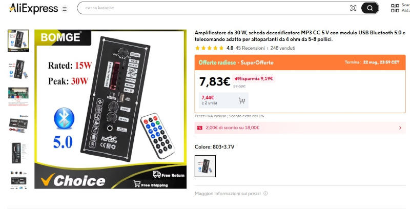 Scheda amplificatore Bluetooth 5.0 con ingresso microfono per cassa karaoke fai da te su AliExpress Screenshot della pagina AliExpress della scheda amplificatore BOMGE da 30W con modulo Bluetooth 5.0, ingresso microfono, lettore MP3 USB e telecomando. La scheda, adatta per altoparlanti da 4-8 ohm da 5-8 pollici, è disponibile (nel 2026) a meno di 10 euro e rappresenta una soluzione economica e completa per sistemi karaoke hobbistici fai da te.