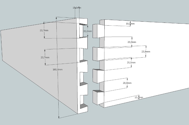 Disegno quotato degli incastri a coda di rondine per i cassetti