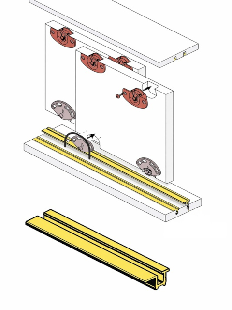 Kit per ante scorrevoli con carrellini e guide Foto del kit per ante scorrevoli composto da carrellini inferiori, controguide superiori e binari.