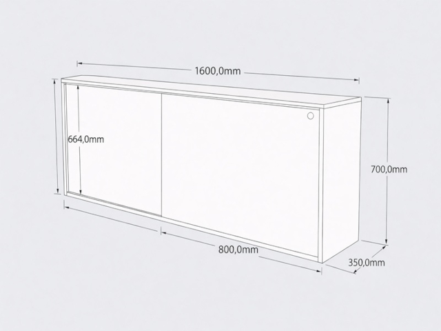 Disegno tecnico del mobile con ante scorrevoli Schema del mobile con misure e disposizione dei pannelli per la lista di taglio.
