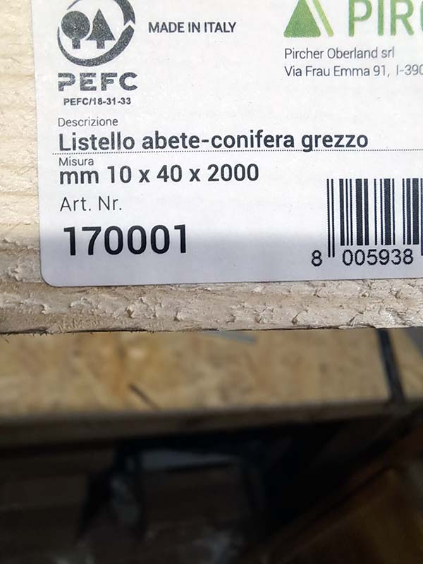 Etichetta del listello utilizzato