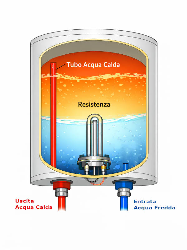 Schema dell’interno di uno scaldabagno elettrico con serbatoio isolato, resistenza per il riscaldamento dell’acqua, termostato di controllo e tubazioni di ingresso e uscita