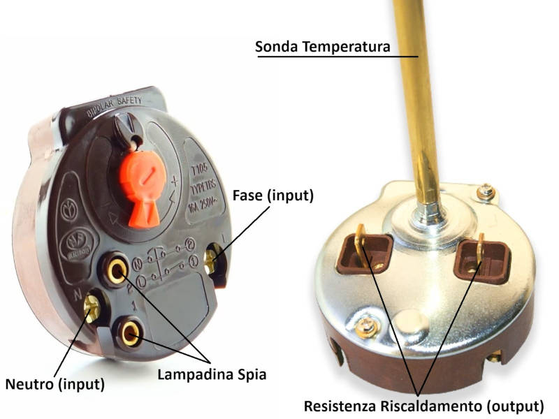Foto del termostato dello scaldabagno con i contatti elettrici di ingresso e uscita ben visibili per la verifica della continuità e del corretto funzionamento